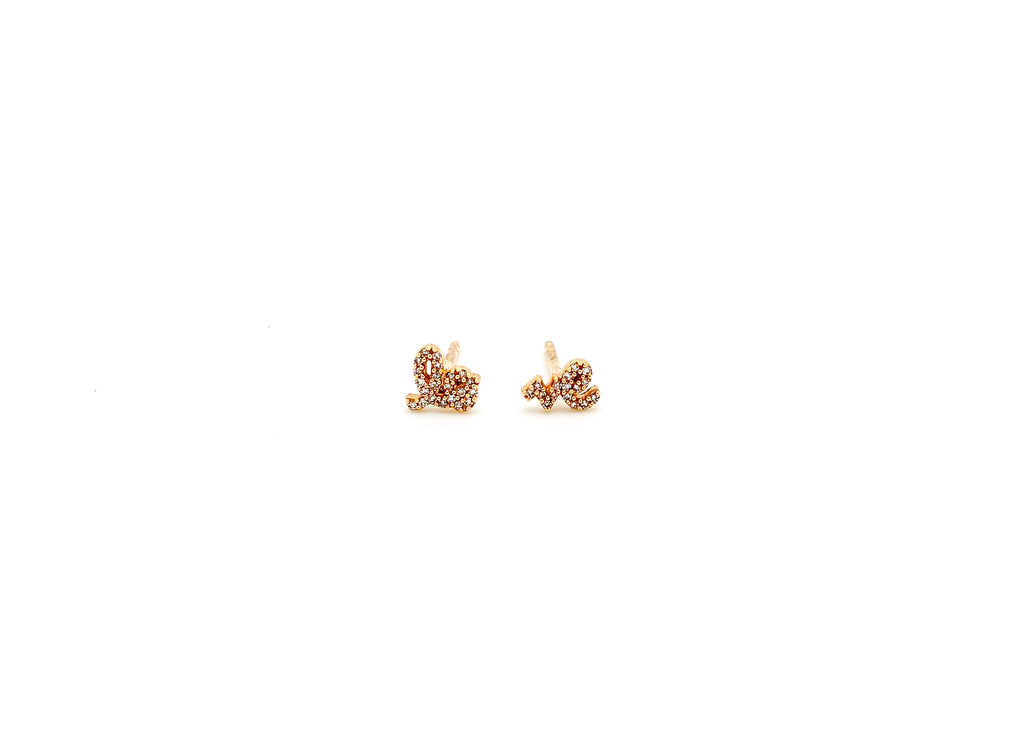14K Yellow Gold 'love' Stud Pave Diamond Earrings