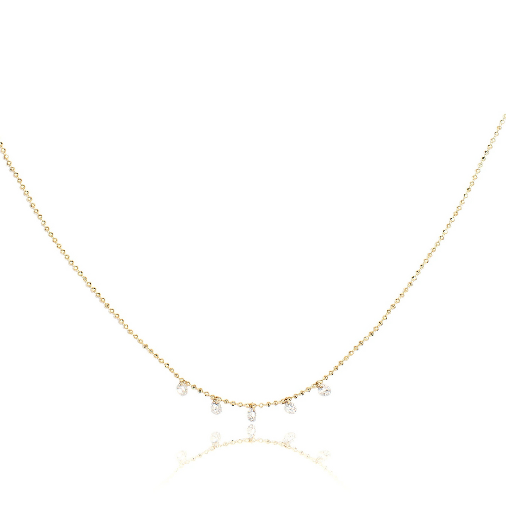 14K Gold Floating Diamond Necklaces w/ Adjustable Diamond-Cut Bead Chain