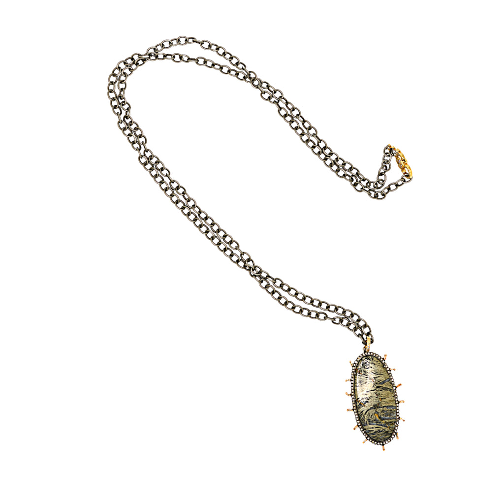 14k Silver & Yellow Gold Necklace with Pyrite & Diamond Pendant