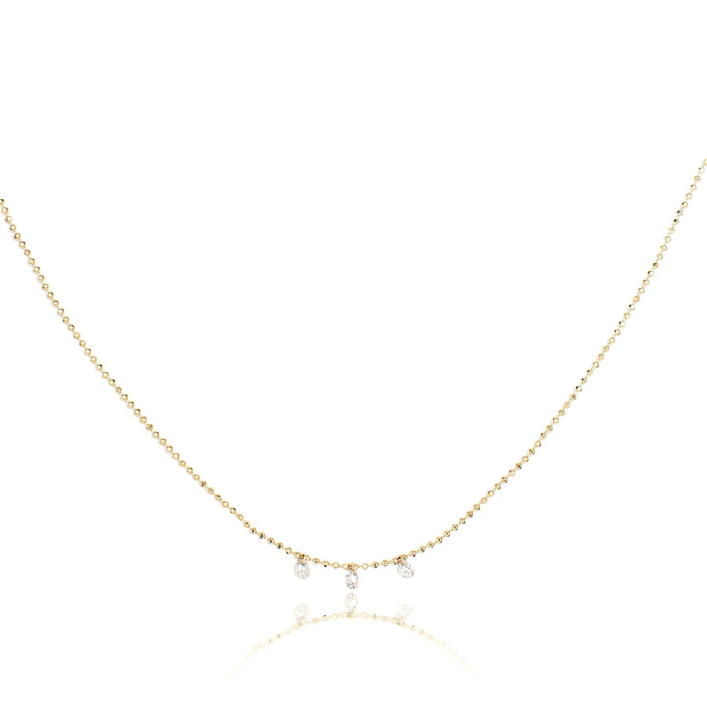 14K Gold Floating Diamond Necklaces w/ Adjustable Diamond-Cut Bead Chain